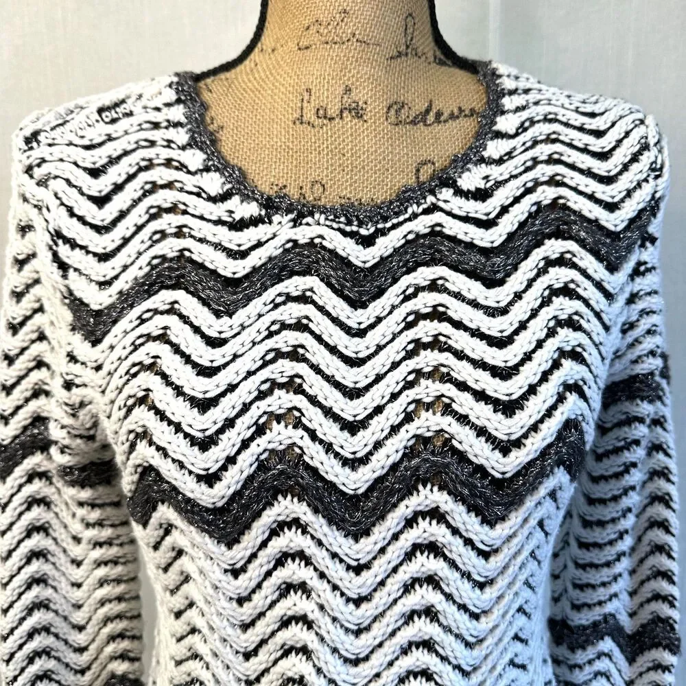 Etcetera Women's Black White Chevron Knit Cotton Blend Long Sleeve Sweater Sz M